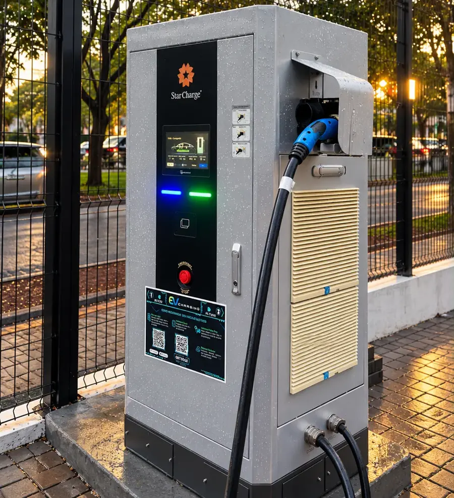 Carregador StarCharge cinza com cabo CCS2 no estacionamento